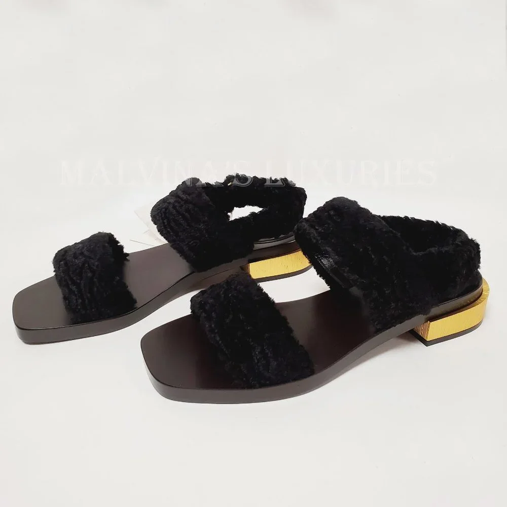 GUCCI SHOES RE-EDITION FAUX FUR BLACK VELVET SANDALS sz US 11